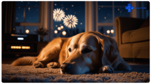 Perro acostado en casa mientras se oyen fuegos artificiales durante la verbena de Sant Joan