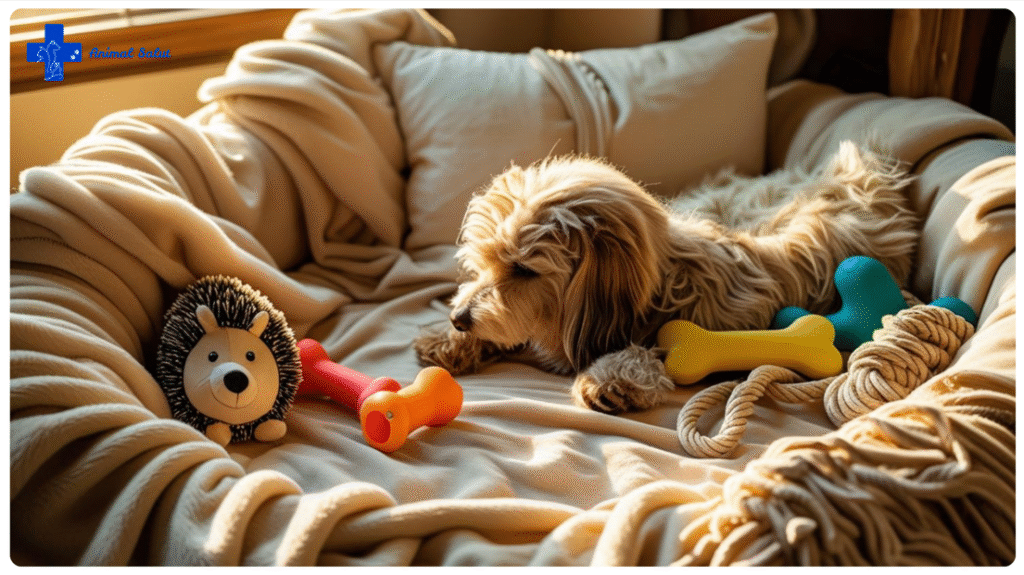Perro relajado en un entorno cómodo con juguetes, preparado para la noche de Sant Joan