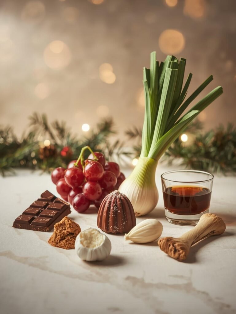 Alimentos navide&ntilde;os peligrosos para perros y gatos como chocolate, uvas, ajo o alcohol.