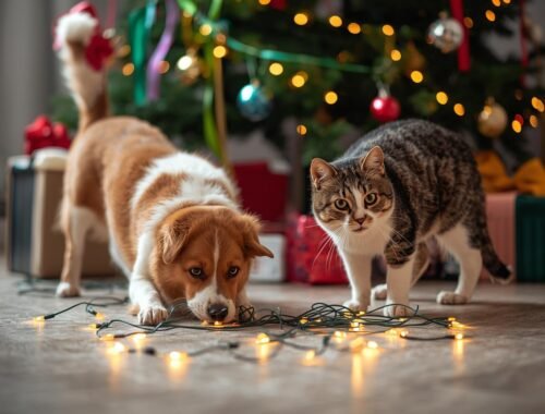 Perro y gato jugando con luces de Navidad, un riesgo com&uacute;n de intoxicaci&oacute;n o accidente.