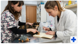 Veterinaria revisando y rellenando el pasaporte europeo de una gata en consulta veterinaria en Barcelona