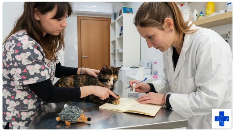 Veterinaria revisando y rellenando el pasaporte europeo de una gata en consulta veterinaria en Barcelona