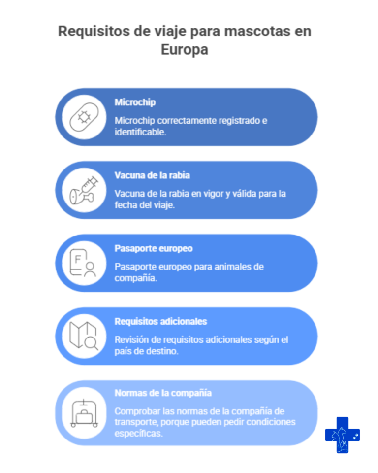 Infograf&iacute;a con los requisitos para viajar con mascotas por Europa: microchip, vacuna de la rabia, pasaporte europeo y revisi&oacute;n de requisitos por pa&iacute;s