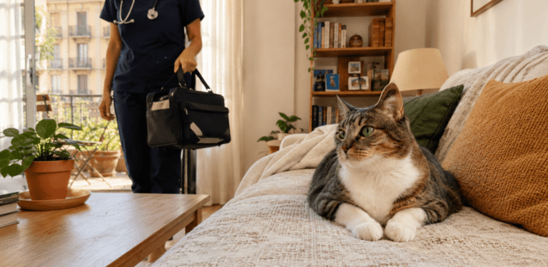 Veterinario a domicilio en Barcelona visitando a un gato en casa