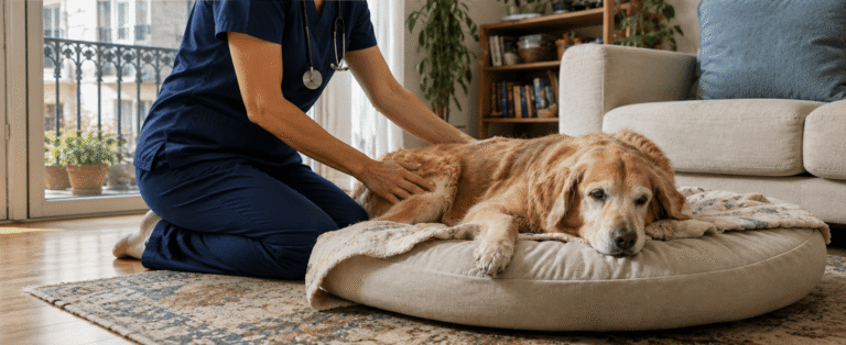 Veterinaria revisando a un perro mayor durante una visita a domicilio en Barcelona