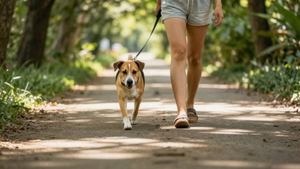 Perro paseando por una zona con sombra para evitar el golpe de calor en verano
