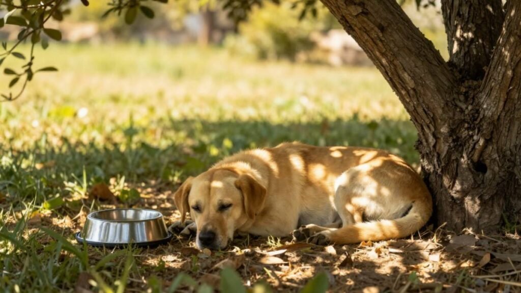 Perro descansando a la sombra con agua para prevenir un golpe de calor en perros