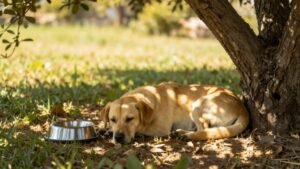 Perro descansando a la sombra con agua para prevenir un golpe de calor en perros